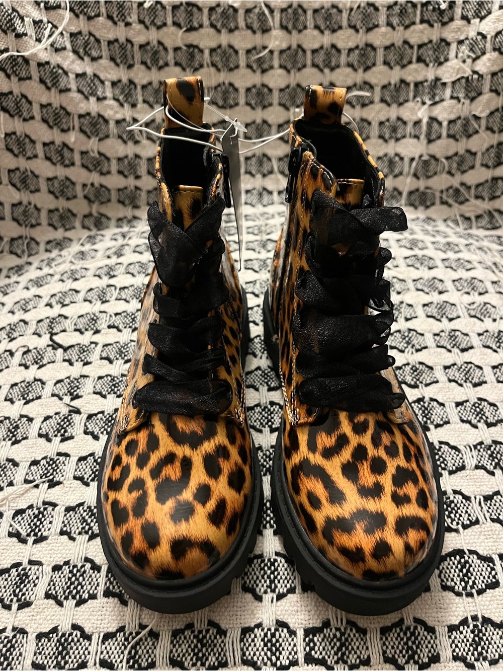 art class Leopard Print Girls' Lace-Up Combat Boots in Brown and Black